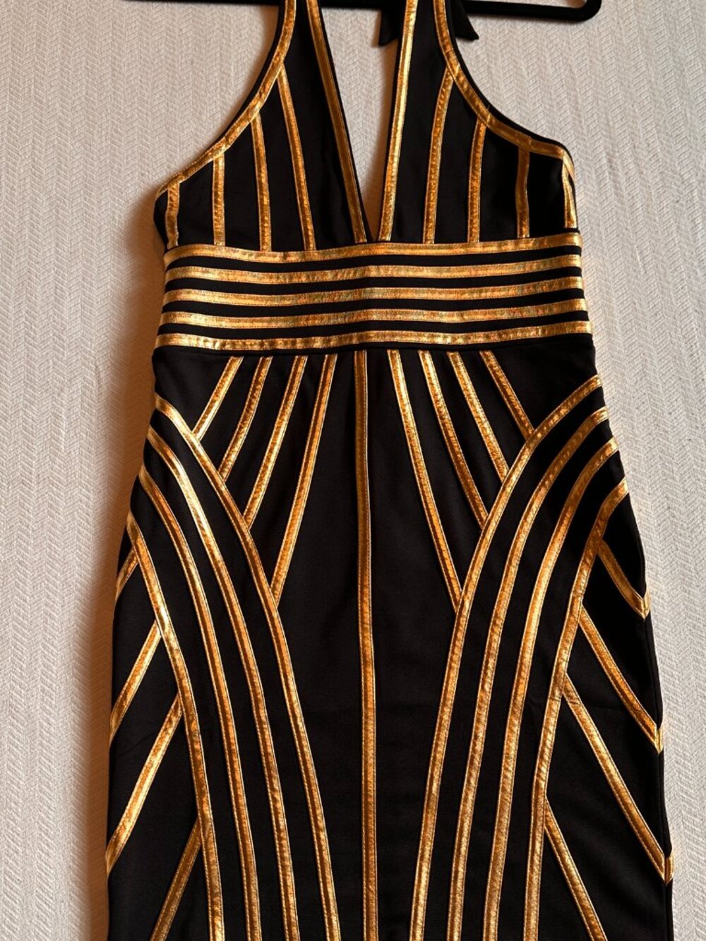 CARBON JEANS COMPANY Art Deco Black & Gold Metallic Halter Mini Dress Sz M NWT - Picture 3 of 14